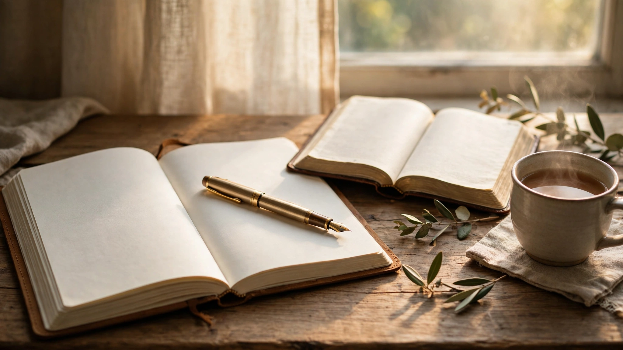 An open journal with a fountain pen, an open Bible, and a cup of tea in morning light