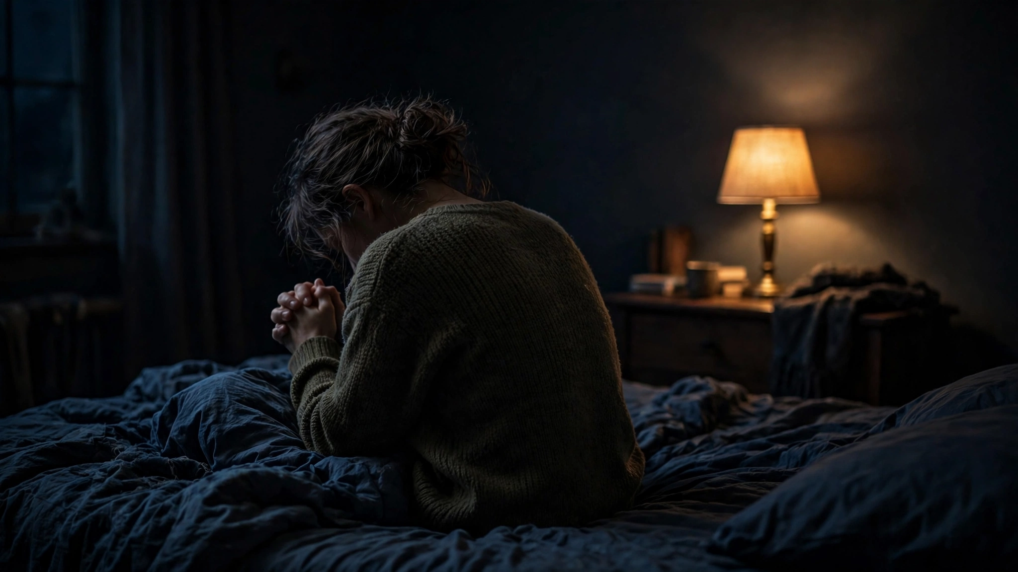 A person sitting on the edge of a bed at night, head bowed, hands clasped in prayer