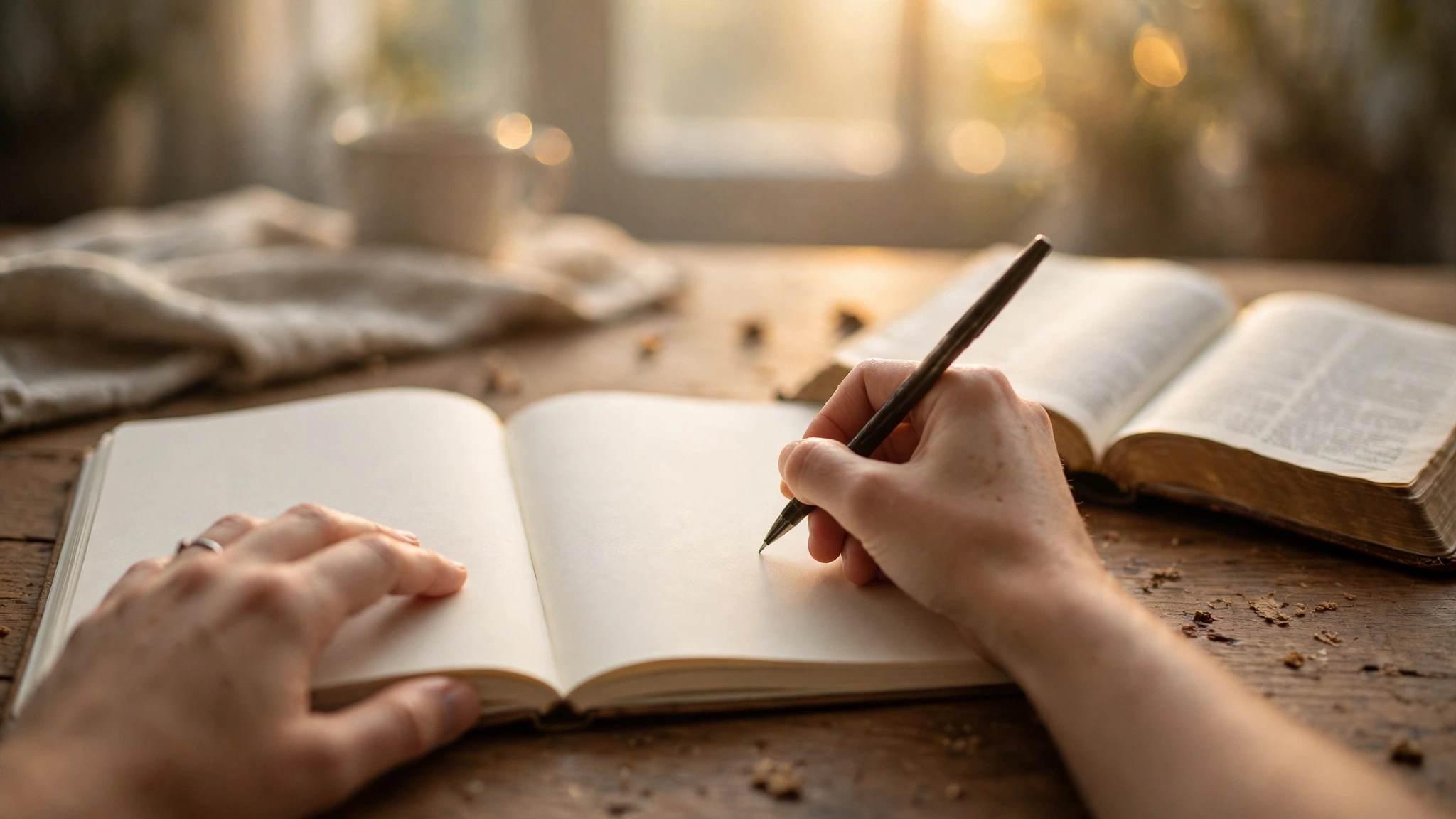 Hands writing in a journal with an open Bible beside it in morning light