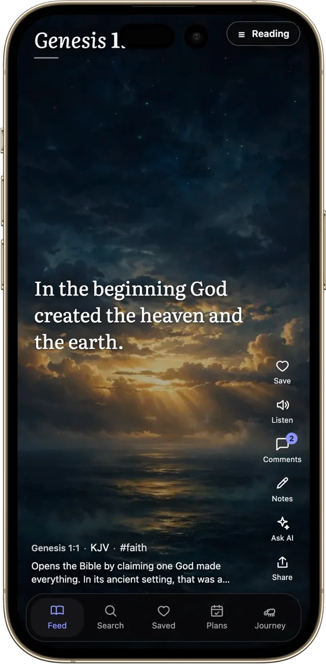 Scroll and Pray on a phone, showing Genesis 1:1 over its artwork, with Save, Listen, Comments, Notes, Ask AI and Share beside the verse